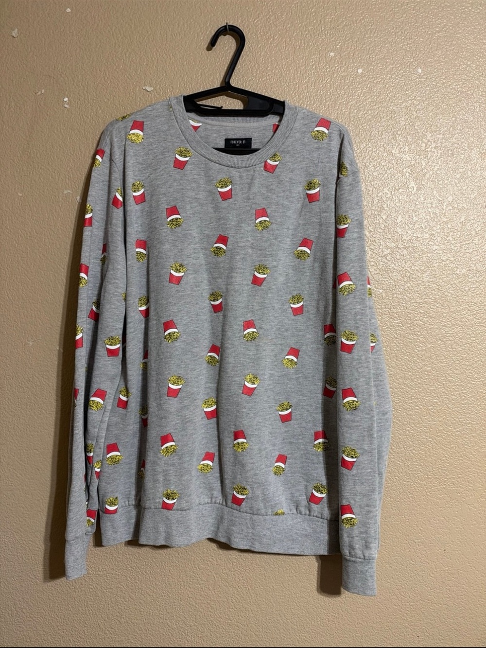 Forever 21 Gray Crewneck Sweater with Red & Yellow Fries Print